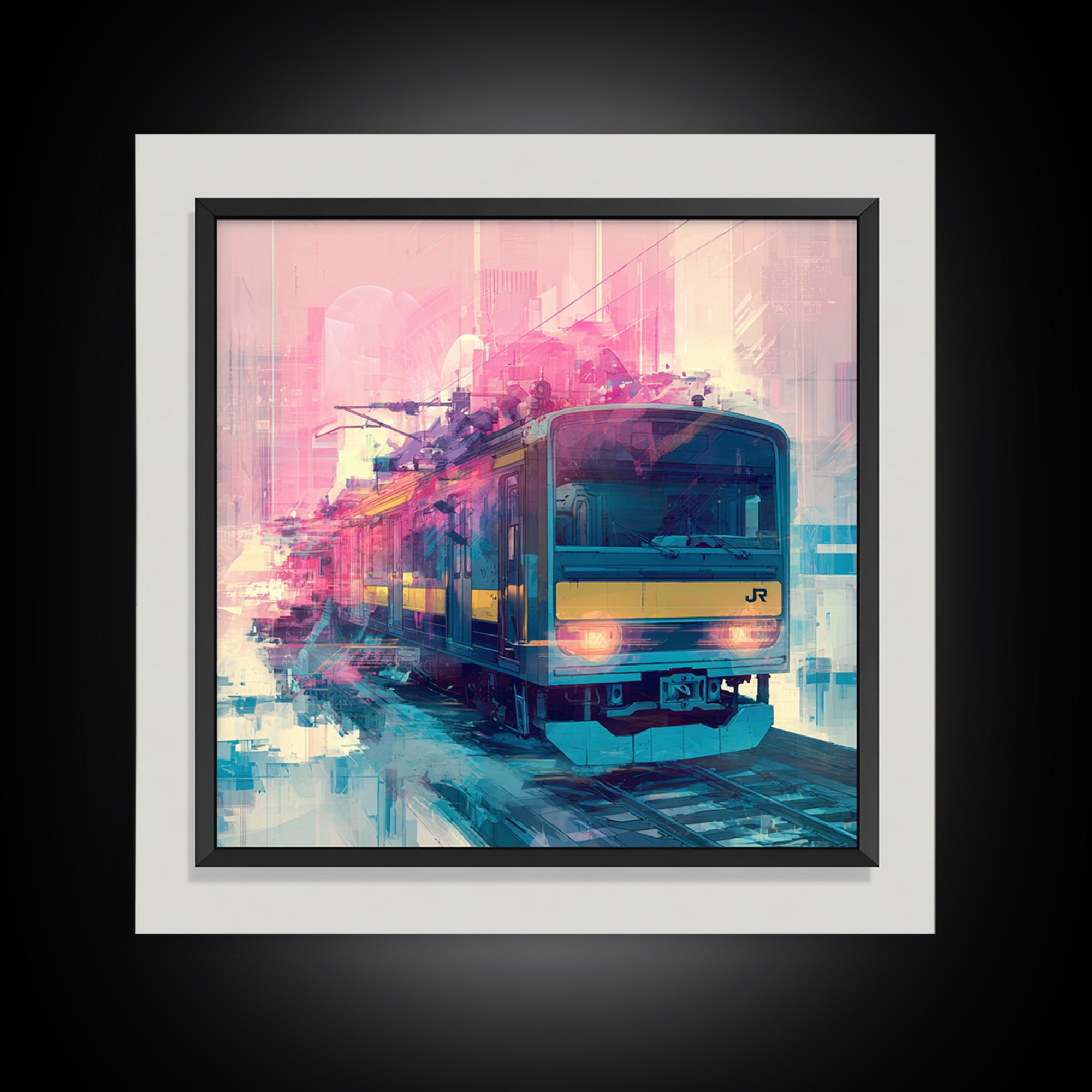 City Train Rushing Through Pink Electric Haze Canvas Print, Cyberpunk Art, Minimalist Decor, Living Room Decor, Fine Art, Neon, CYB-1x1-85