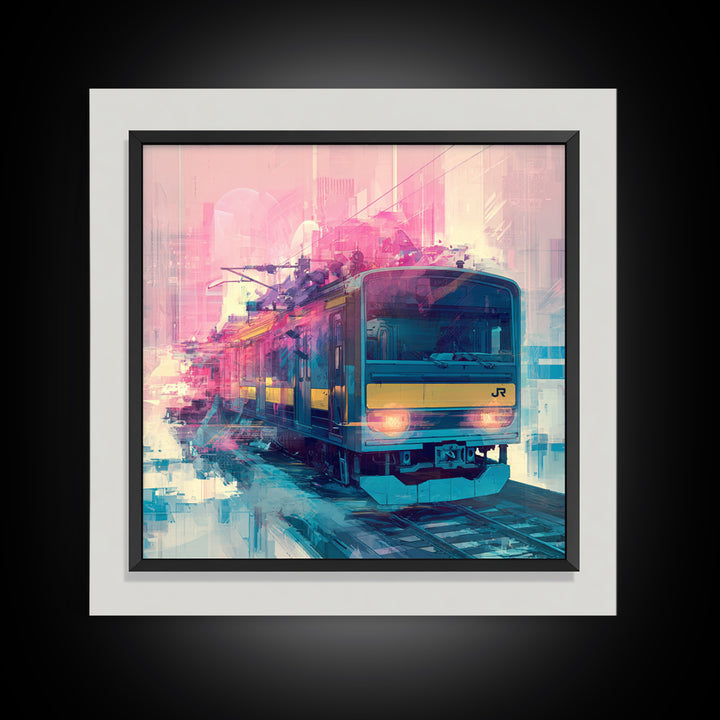 City Train Rushing Through Pink Electric Haze Canvas Print, Cyberpunk Art, Minimalist Decor, Living Room Decor, Fine Art, Neon, CYB-1x1-85