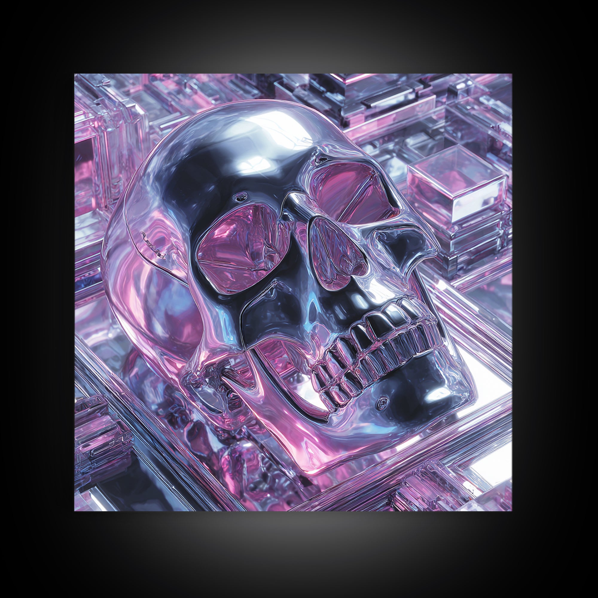 Cyberpunk Skull with Chrome and Violet Light Canvas Print, Cyberpunk Art, Cyberpunk Tarot, Living Room Decor, Fine Art, Neon, CYB-1x1-92