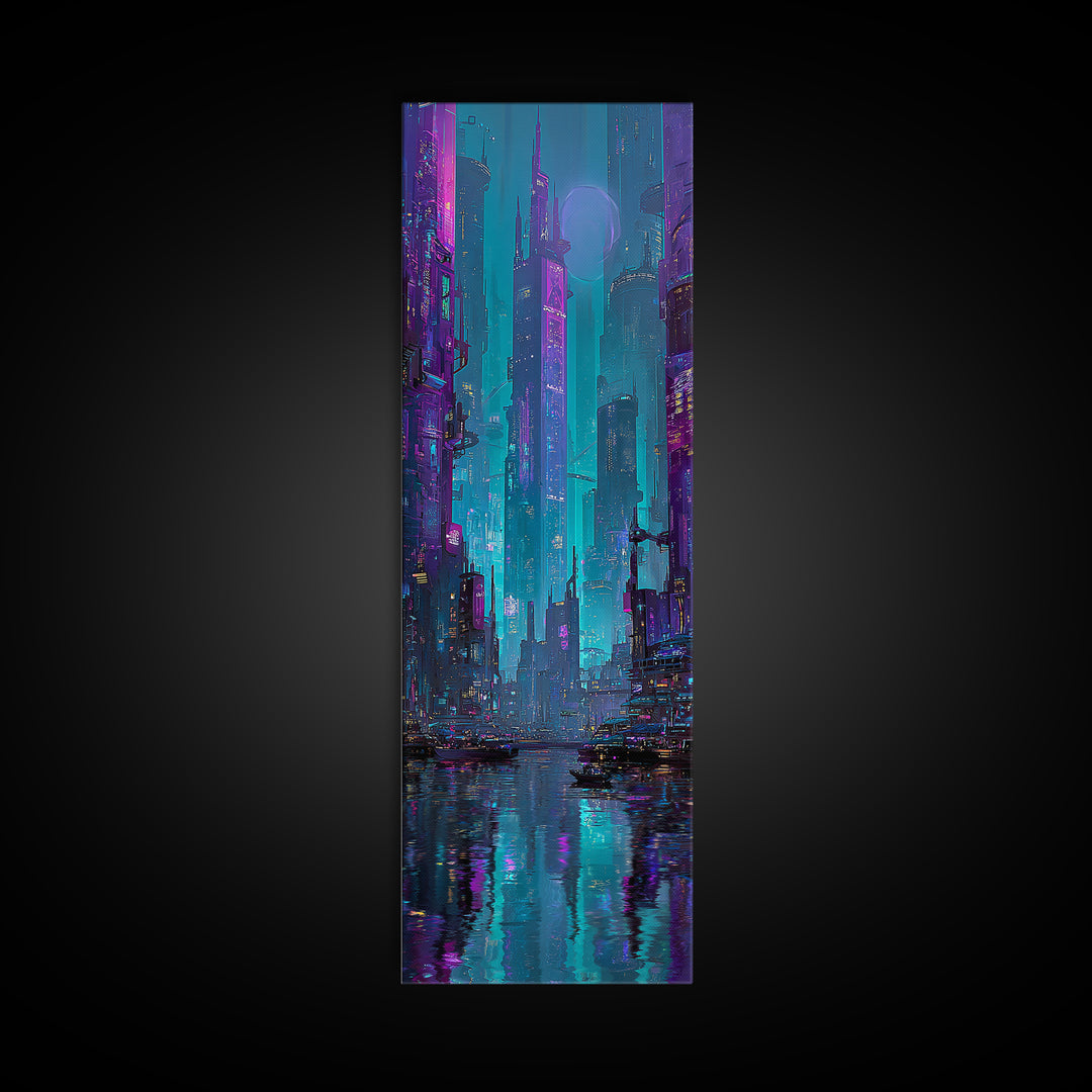 Futuristic City Skyline Canvas Print, Cyberpunk Art, Gallery Decor, Living Room Decor, Fine Art, Neon, Wall Art, Home Decor, CYB-1x3-14