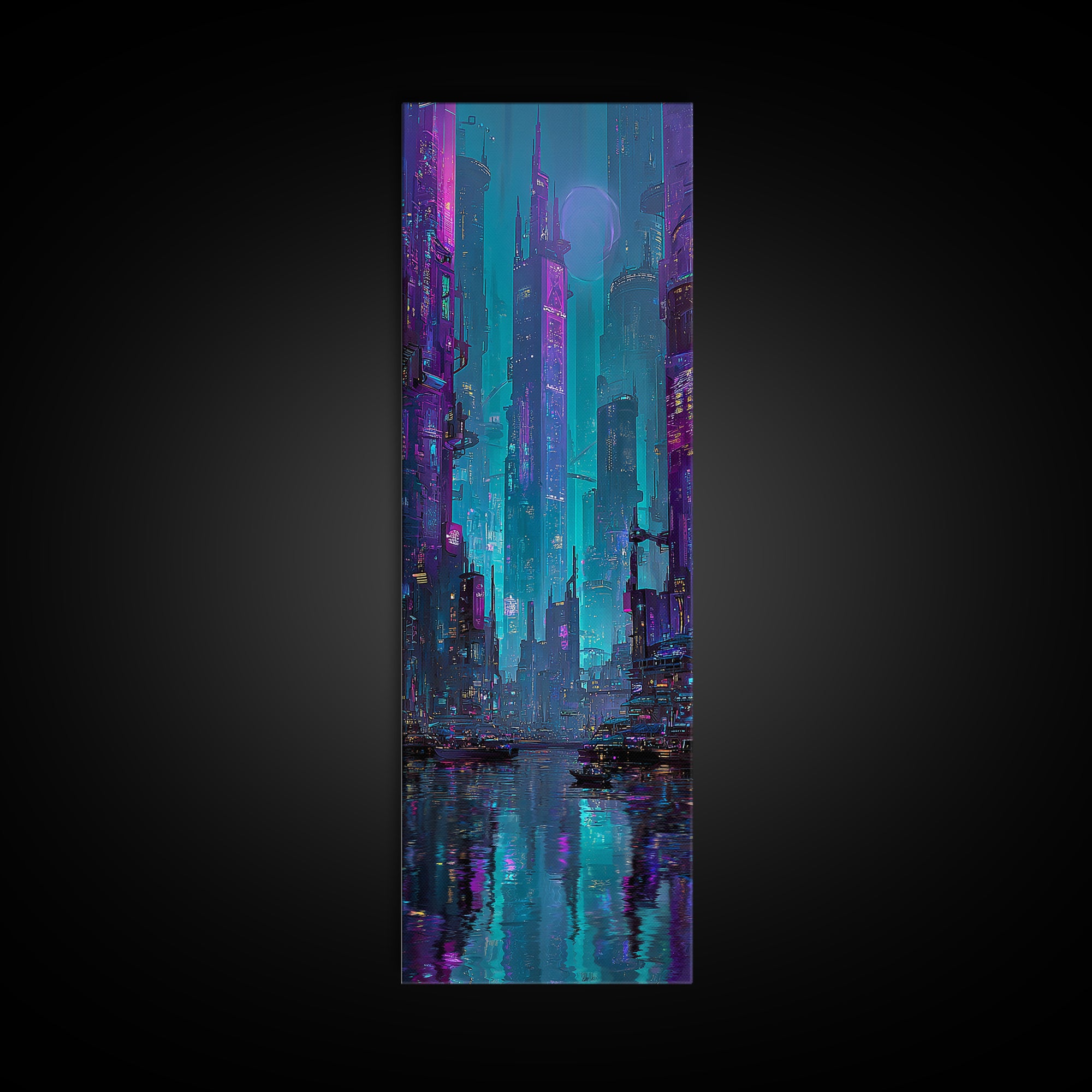 Futuristic City Skyline Canvas Print, Cyberpunk Art, Gallery Decor, Living Room Decor, Fine Art, Neon, Wall Art, Home Decor, CYB-1x3-14