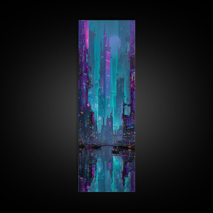 Futuristic City Skyline Canvas Print, Cyberpunk Art, Gallery Decor, Living Room Decor, Fine Art, Neon, Wall Art, Home Decor, CYB-1x3-14