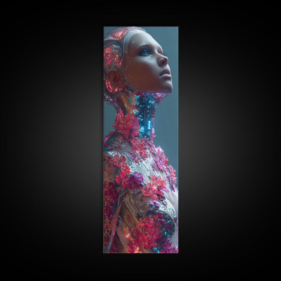 Android Woman with Glowing Circuitry and Flowers Framed Canvas Print, Cyberpunk Art, Canvas Wall Art, Living Room Decor, Neon, CYB-1x3-15