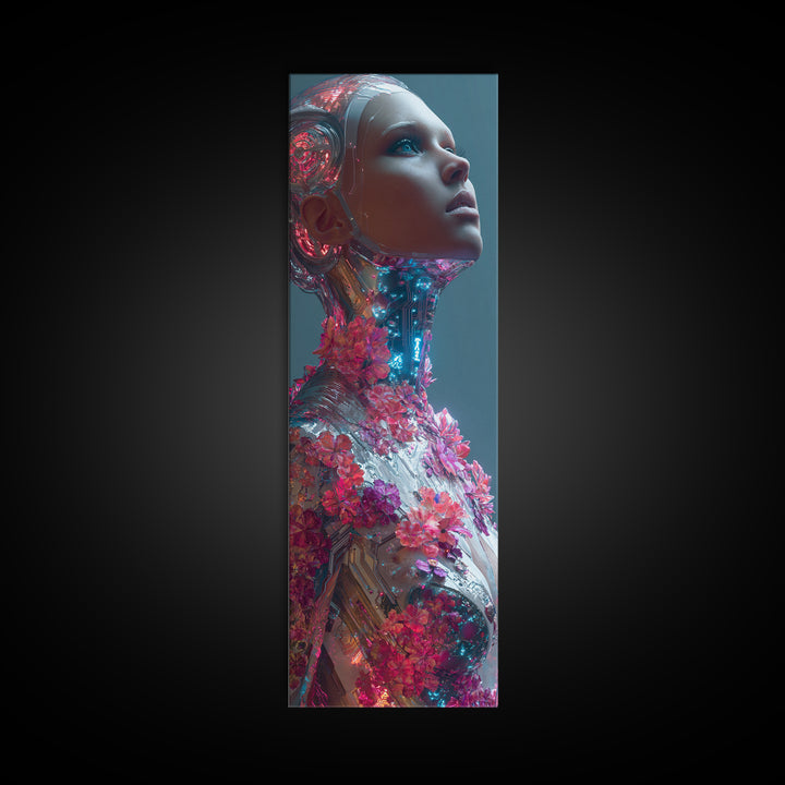 Android Woman with Glowing Circuitry and Flowers Framed Canvas Print, Cyberpunk Art, Canvas Wall Art, Living Room Decor, Neon, CYB-1x3-15