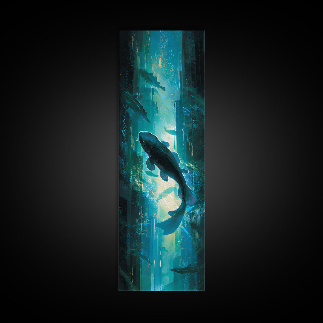 Cyberpunk Koi Swimming Through Electric Blue Water Canvas Print, Cyberpunk Art, Poster, Living Room Decor, Fine Art, Neon, CYB-1x3-17