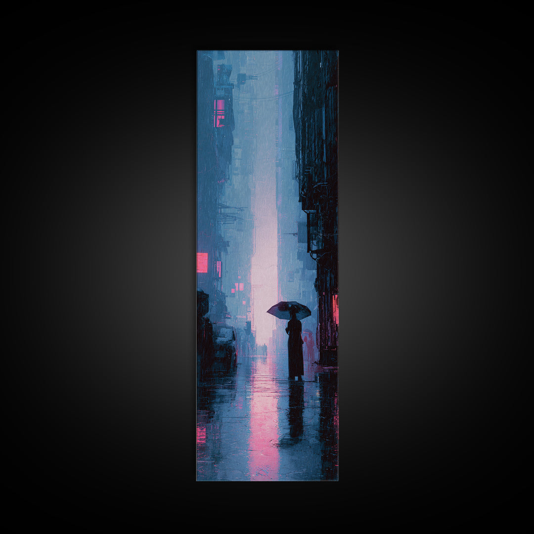 Glowing Umbrella Figure Canvas Print, Cyberpunk Art, Modern Wall Art, Living Room Decor, Oil Painting, Neon, Minimalist Poster, CYB-1x3-27
