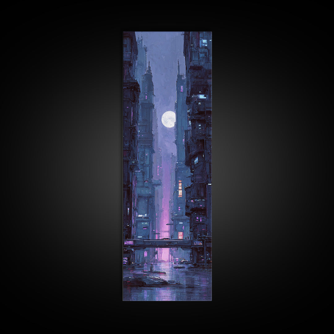 Dystopian Moon over Dense Rooftops Framed Canvas Print, Cyberpunk Art, Fantasy Art, Living Room Decor, Oil Painting, Neon, CYB-1x3-30