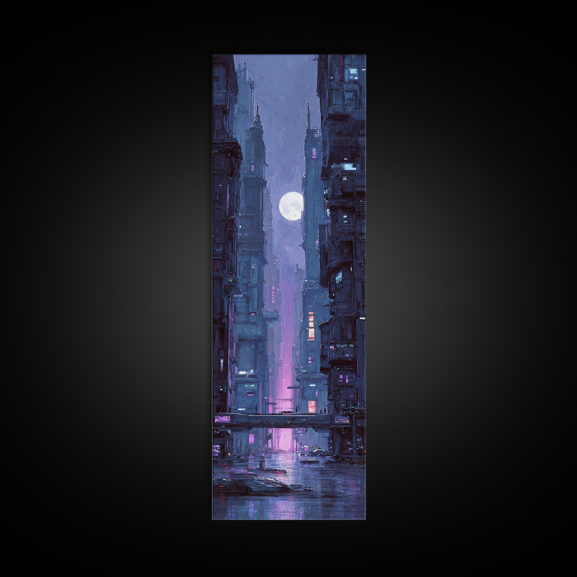 Dystopian Moon over Dense Rooftops Framed Canvas Print, Cyberpunk Art, Fantasy Art, Living Room Decor, Oil Painting, Neon, CYB-1x3-30