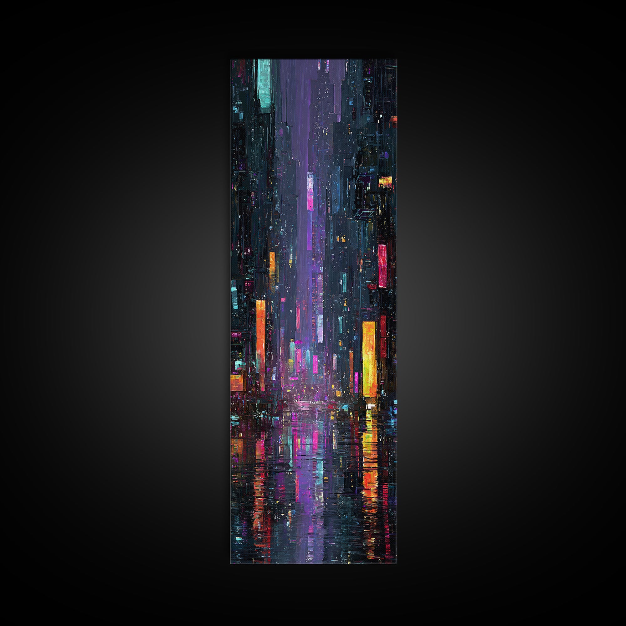 Neon Skyline Reflected Framed Canvas Print, Cyberpunk Art, Modern Wall Decor, Living Room Decor, Abstract Art, Neon, CYB-1x3-34