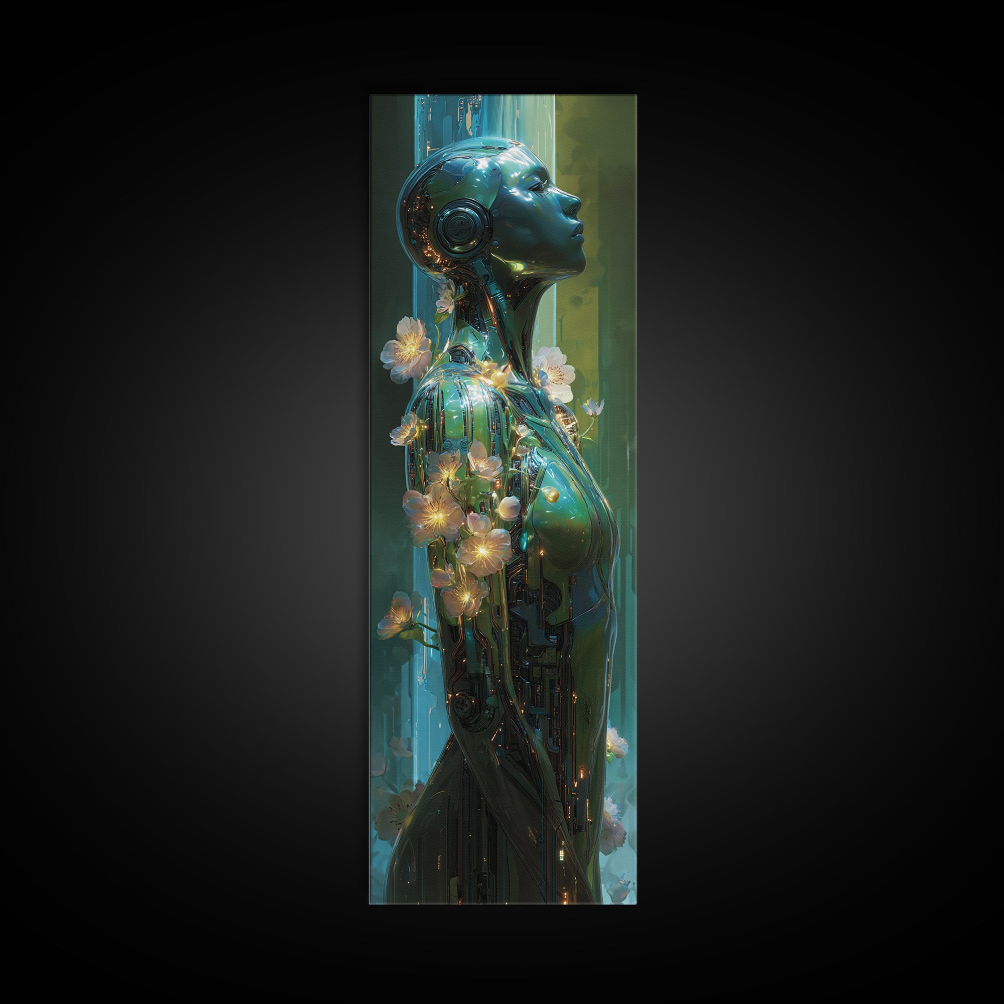 Android Woman with Glowing Circuitry and Flowers Canvas Print, Cyberpunk Art, Blue Wall Art, Living Room Decor, Oil Painting, CYB-1x3-39