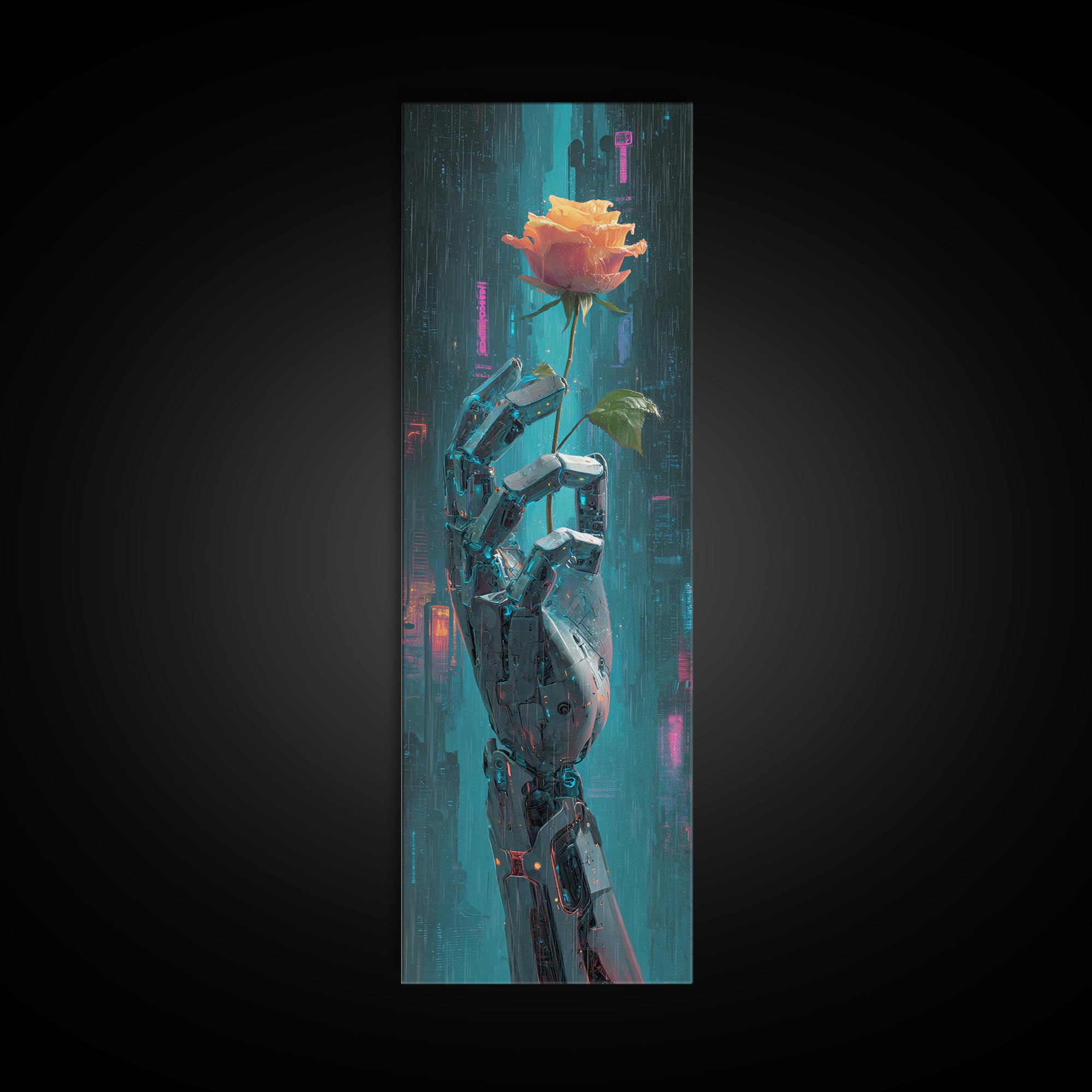 Robotic Hand Holding a Real Rose Framed Canvas Print, Cyberpunk Art, Minimalist Decor, Living Room Decor, Fine Art, Neon, CYB-1x3-4