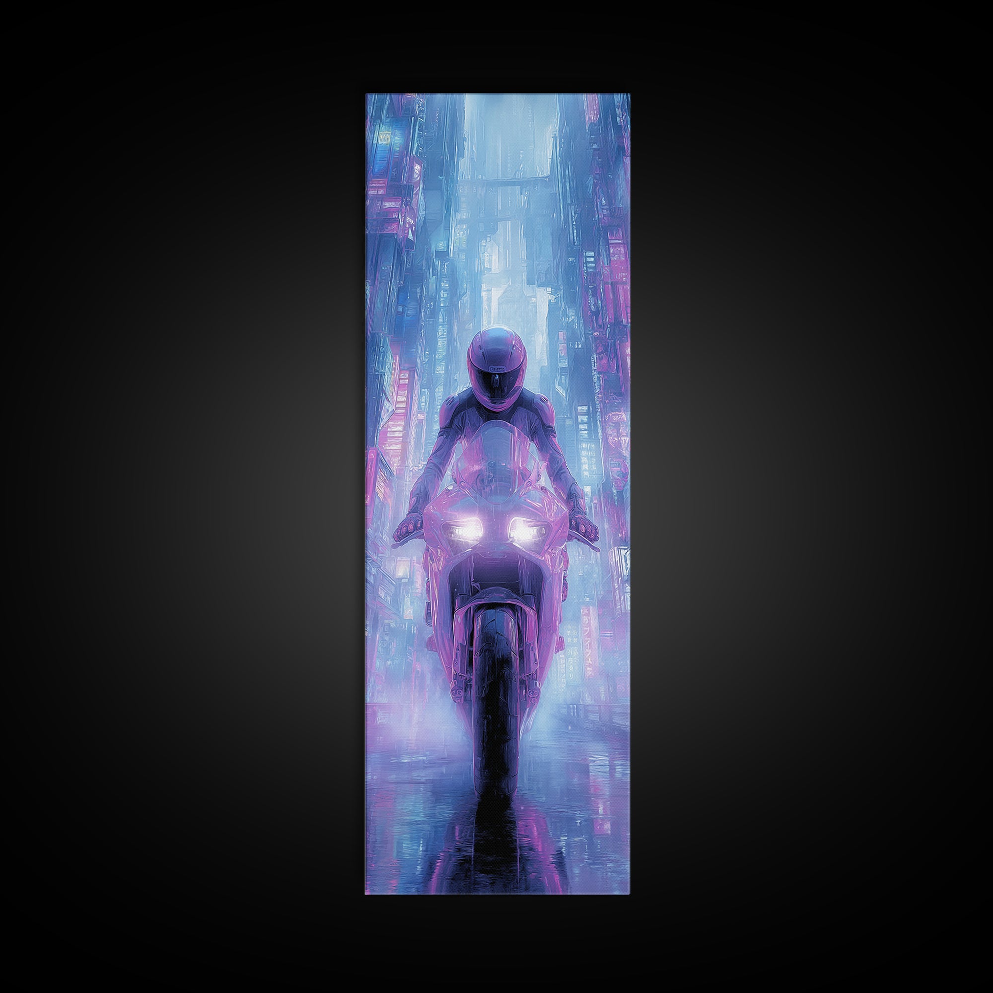 Motorcycle Rider under Holographic Signs Canvas Print, Cyberpunk Art, Abstract Art, Living Room Decor, Fine Art, Neon, CYB-1x3-40