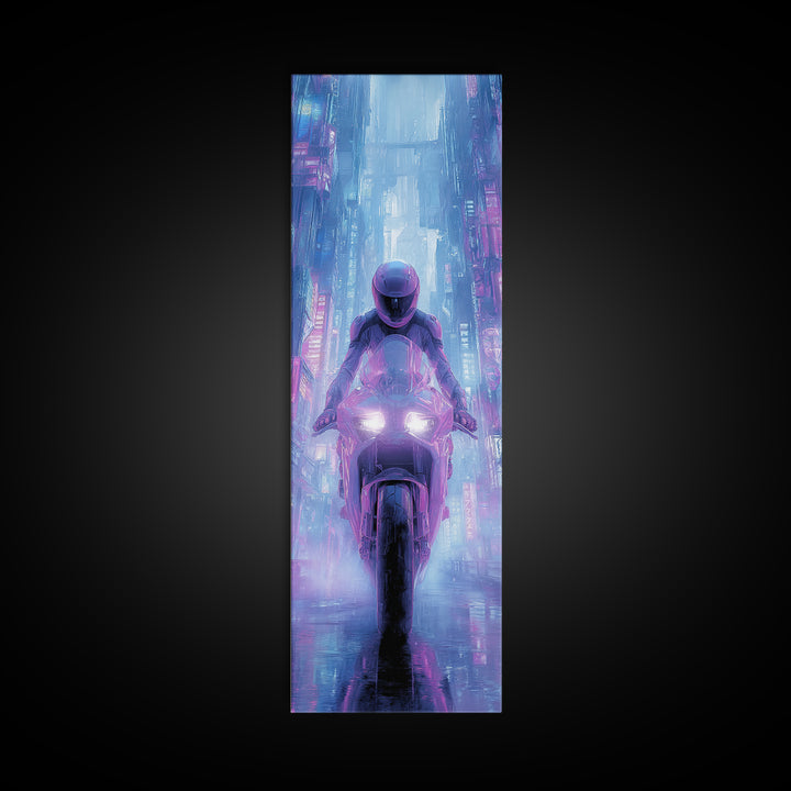 Motorcycle Rider under Holographic Signs Canvas Print, Cyberpunk Art, Abstract Art, Living Room Decor, Fine Art, Neon, CYB-1x3-40