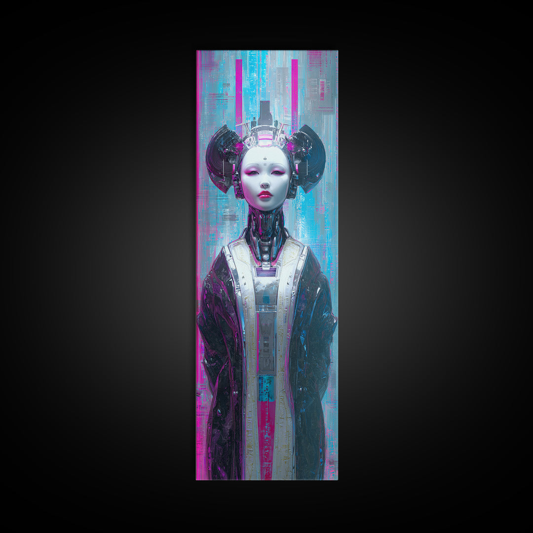 Robot Geisha Portrait Canvas Print, Cyberpunk Art, Cool Wall Art, Living Room Decor, Neon, Gallery Decor, Neutral Decor, CYB-1x3-43