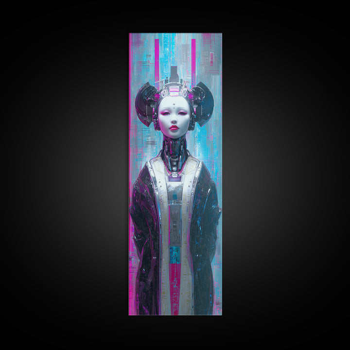 Robot Geisha Portrait Canvas Print, Cyberpunk Art, Cool Wall Art, Living Room Decor, Neon, Gallery Decor, Neutral Decor, CYB-1x3-43