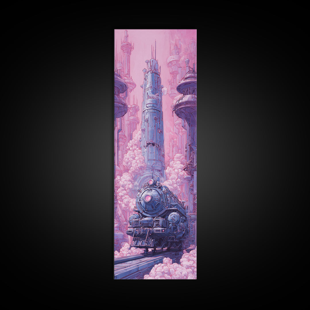 City Train Rushing Through Pink Electric Haze Canvas Print, Cyberpunk Art, Modern Decor, Living Room Decor, Fine Art, Neon, CYB-1x3-49