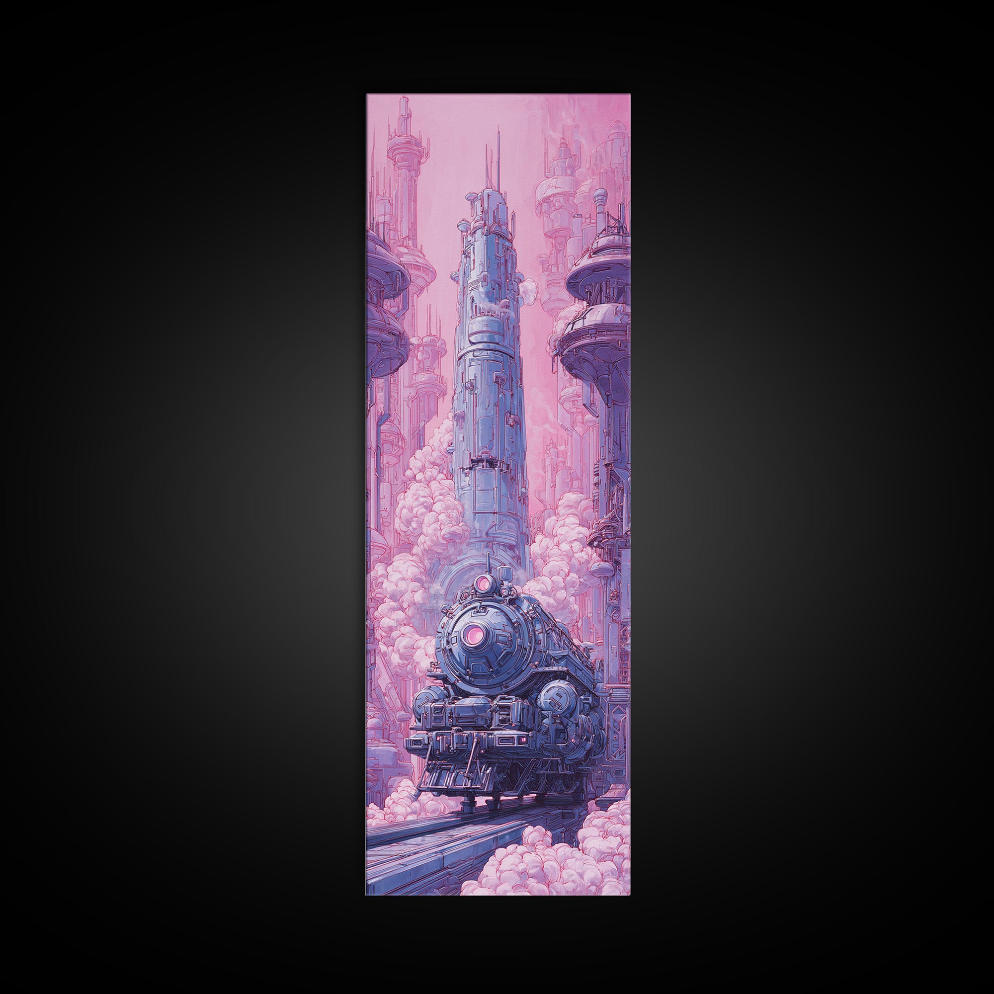 City Train Rushing Through Pink Electric Haze Canvas Print, Cyberpunk Art, Modern Decor, Living Room Decor, Fine Art, Neon, CYB-1x3-49