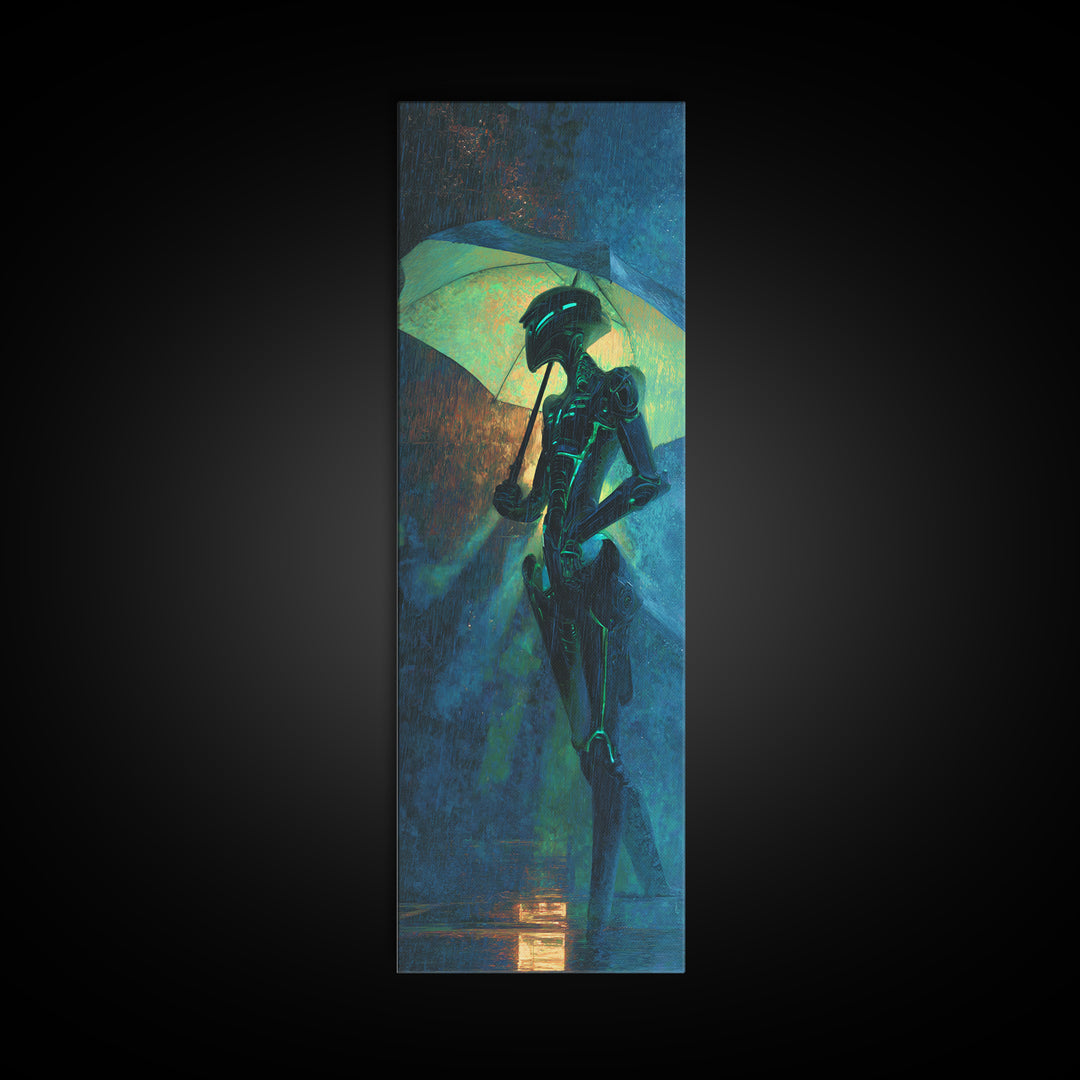 Glowing Umbrella Figure Canvas Print, Cyberpunk Art, Cyberpunk Helmet, Living Room Decor, Fine Art, Neon, Textured Painting, CYB-1x3-51