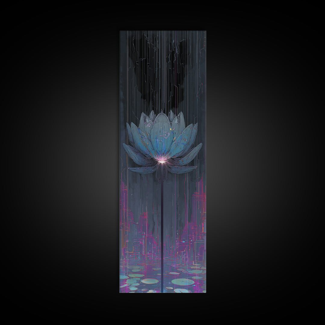Electric Lotus Flower Framed Canvas Print, Cyberpunk Art, Textured Painting, Living Room Decor, Neon, Digital Wall Art, CYB-1x3-53