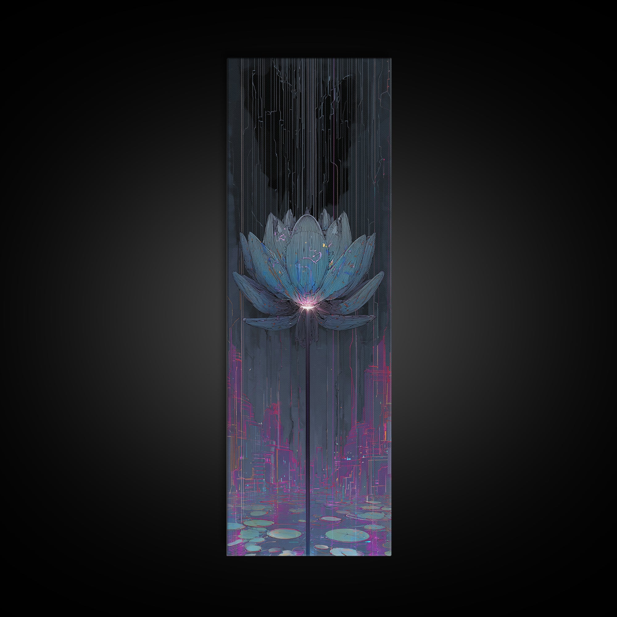 Electric Lotus Flower Framed Canvas Print, Cyberpunk Art, Textured Painting, Living Room Decor, Neon, Digital Wall Art, CYB-1x3-53