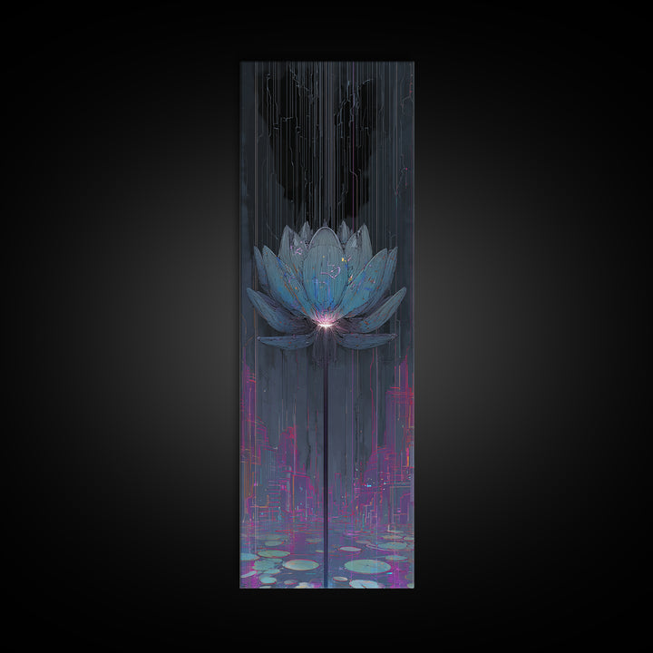 Electric Lotus Flower Framed Canvas Print, Cyberpunk Art, Textured Painting, Living Room Decor, Neon, Digital Wall Art, CYB-1x3-53