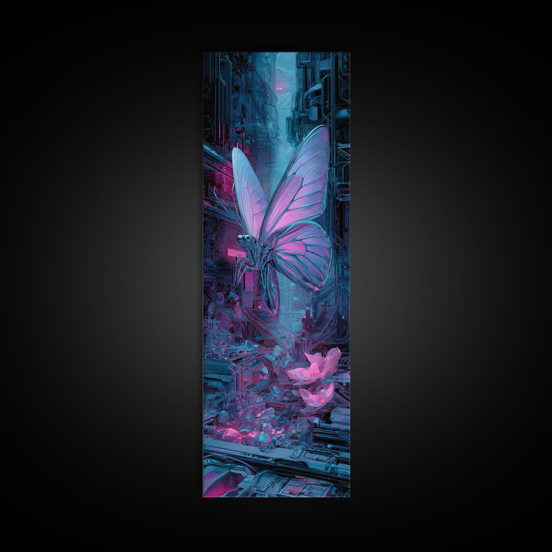 Holographic Butterfly over Black Metal Surface Canvas Print, Cyberpunk Art, Man Cave Decor, Living Room Decor, Fine Art, Neon, CYB-1x3-55