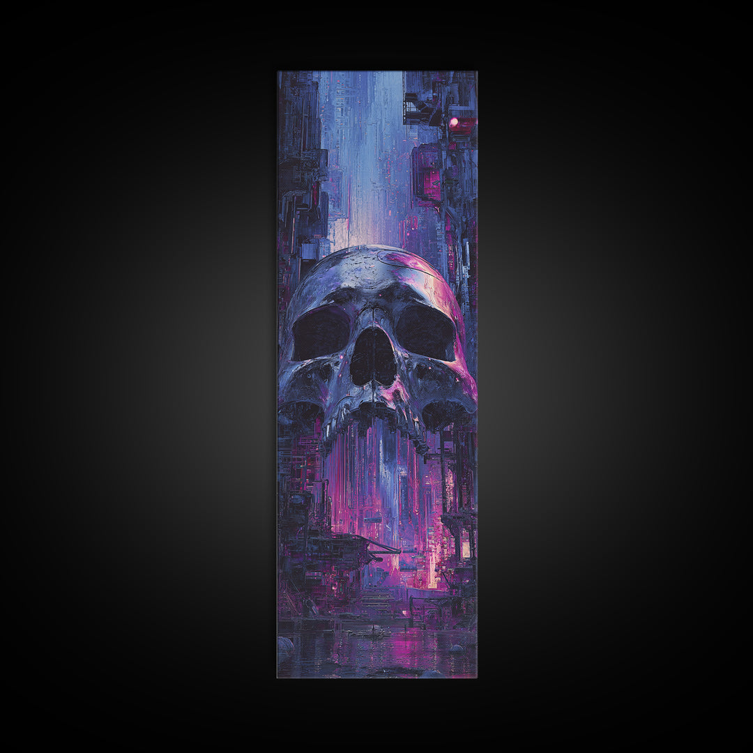 Cyberpunk Skull with Chrome and Violet Light Canvas Print, Cyberpunk Art, Modern Art, Living Room Decor, Fine Art, Neon, CYB-1x3-56