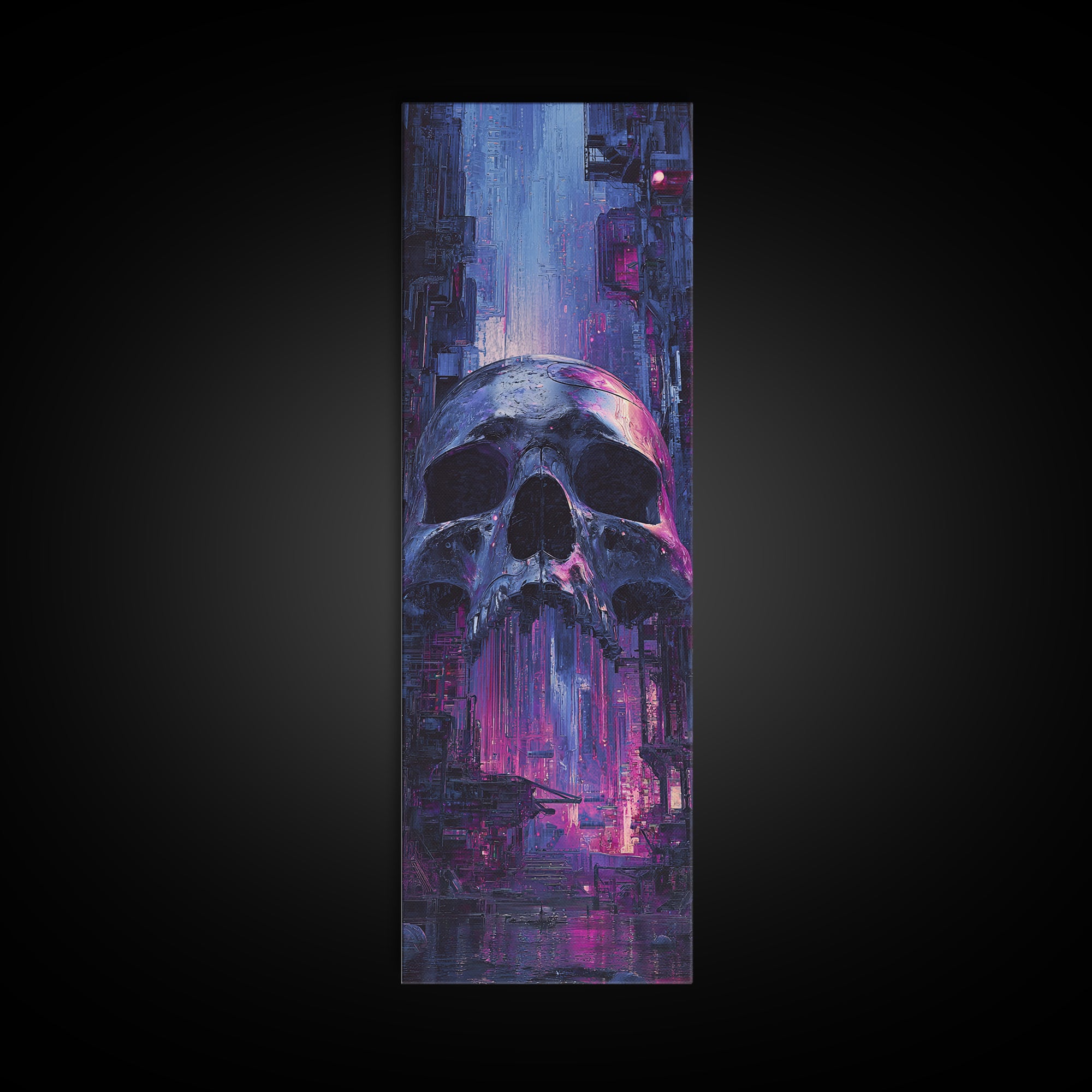 Cyberpunk Skull with Chrome and Violet Light Canvas Print, Cyberpunk Art, Modern Art, Living Room Decor, Fine Art, Neon, CYB-1x3-56