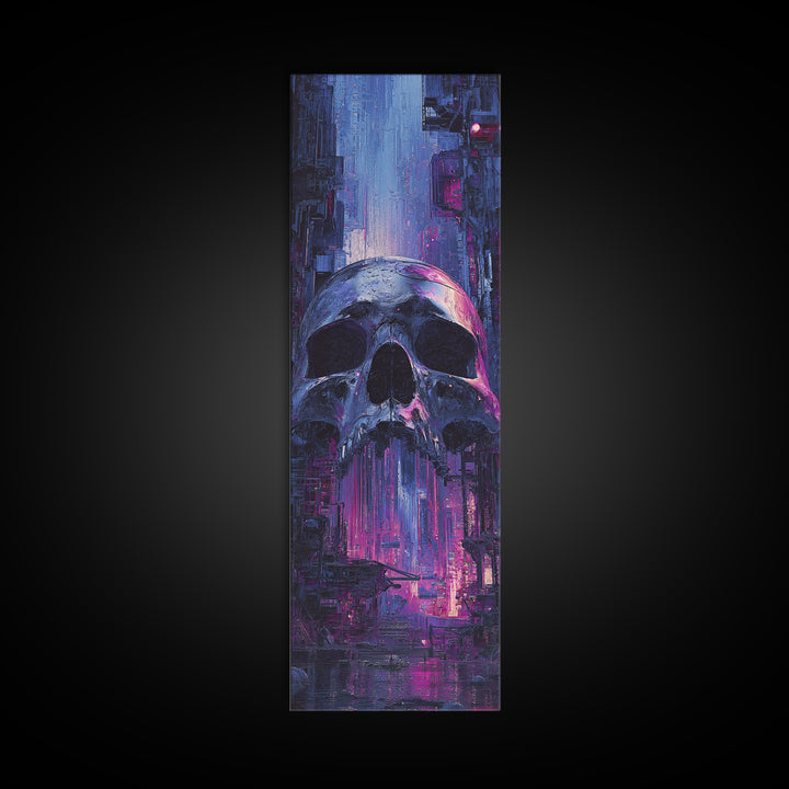 Cyberpunk Skull with Chrome and Violet Light Canvas Print, Cyberpunk Art, Modern Art, Living Room Decor, Fine Art, Neon, CYB-1x3-56
