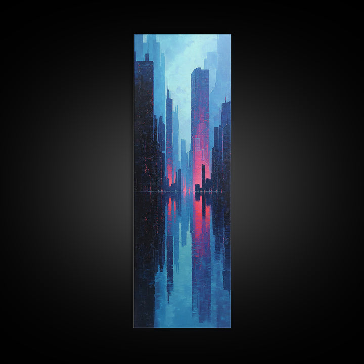 Neon Skyline Reflected Framed Canvas Print, Cyberpunk Art, Modern Wall Decor, Living Room Decor, Abstract Art, Neon, CYB-1x3-58