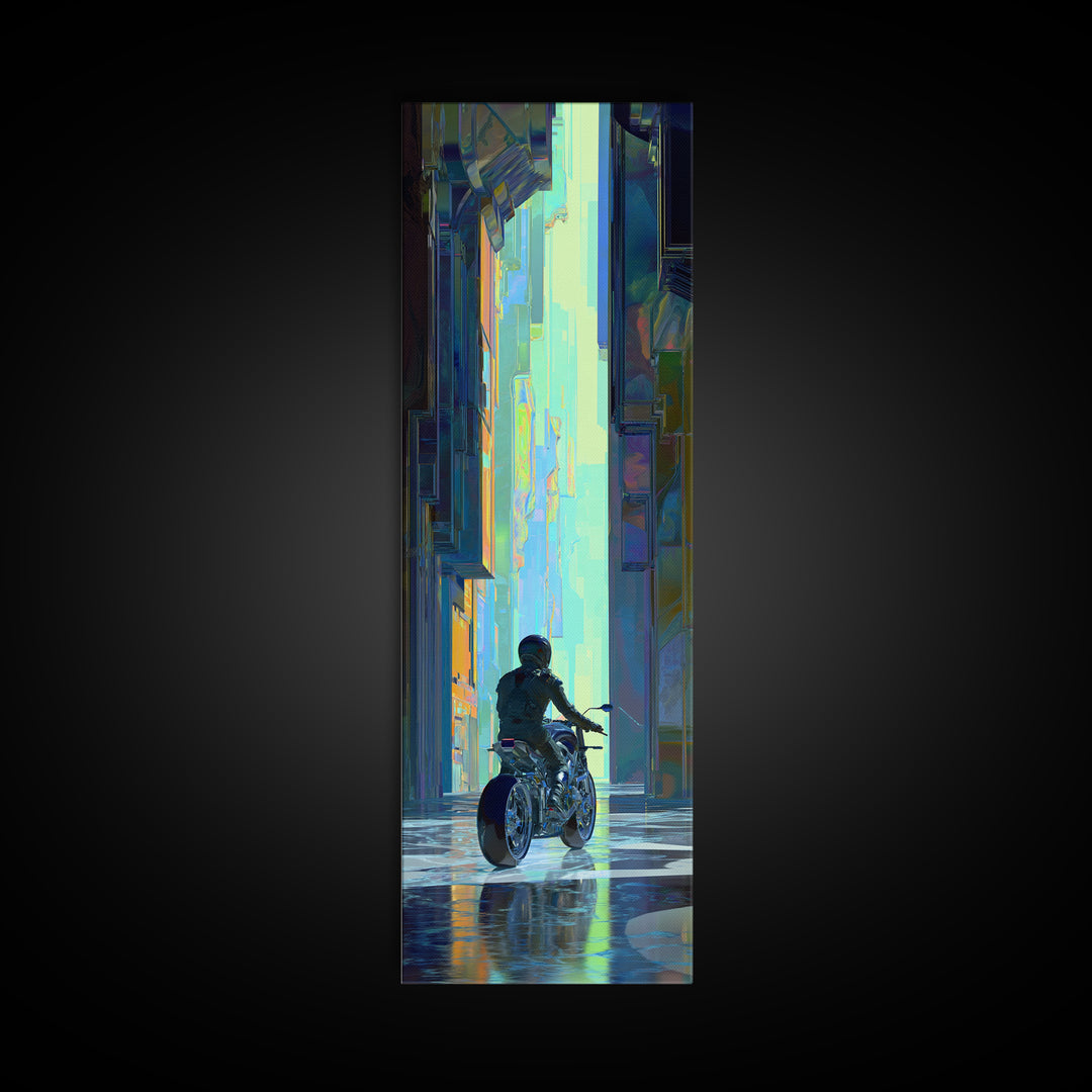 Motorcycle Rider under Holographic Signs Framed Canvas Print, Cyberpunk Art, Cool Wall Art, Living Room Decor, Fine Art, Neon, CYB-1x3-64