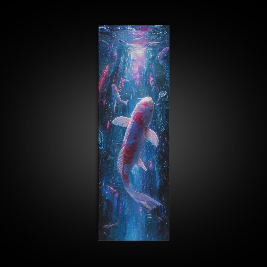 Cyberpunk Koi Swimming Through Electric Blue Water Canvas Print, Cyberpunk Art, Art Print, Living Room Decor, Fine Art, Neon, CYB-1x3-65