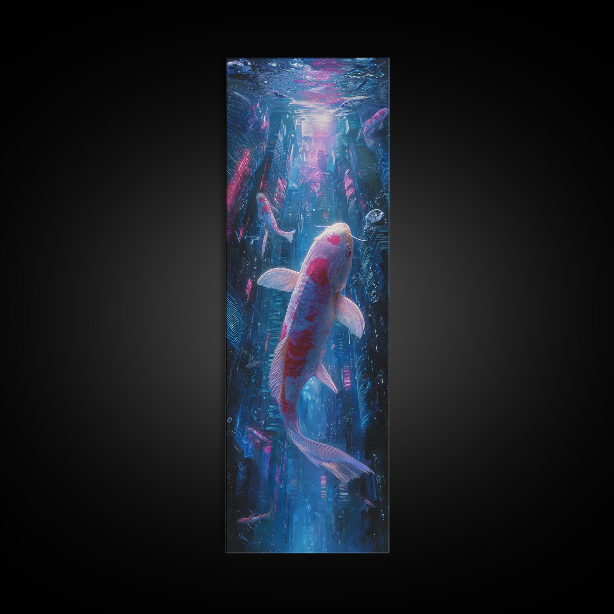 Cyberpunk Koi Swimming Through Electric Blue Water Canvas Print, Cyberpunk Art, Art Print, Living Room Decor, Fine Art, Neon, CYB-1x3-65