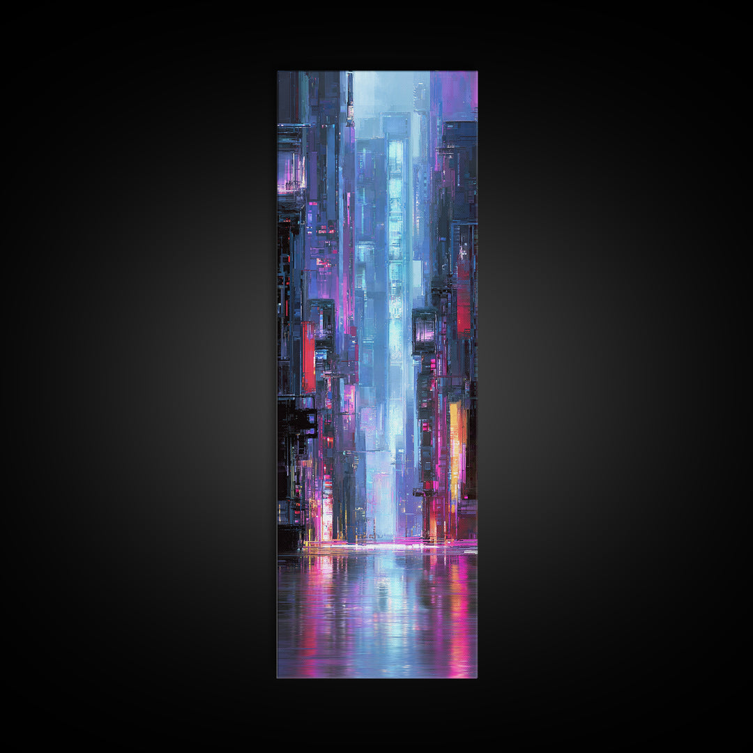 Rain Soaked Alley Canvas Print, Cyberpunk Art, Digital Download Art, Living Room Decor, Abstract Art, Neon, Neutral Decor, CYB-1x3-68