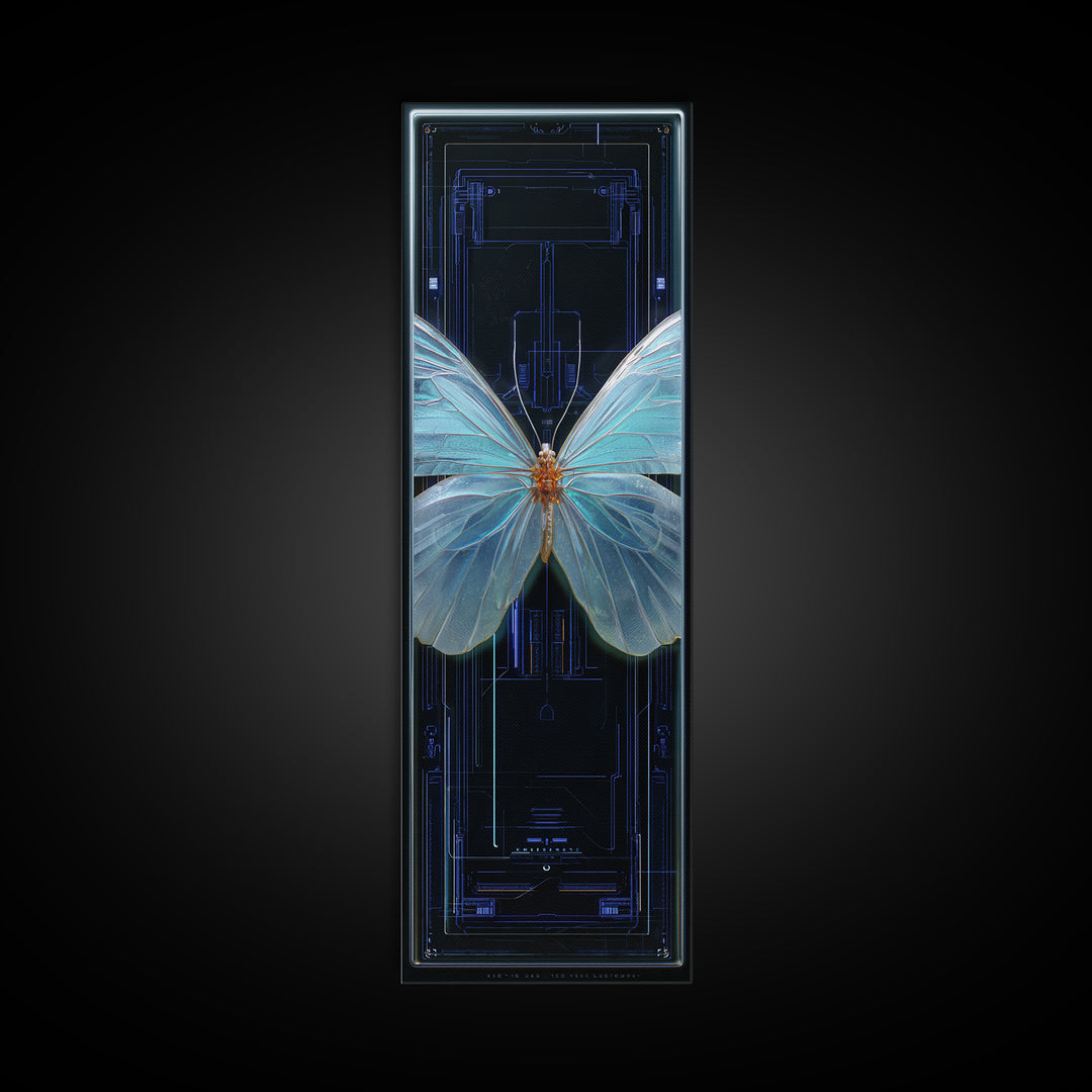 Holographic Butterfly over Black Metal Surface Canvas Print, Cyberpunk Art, Gothic Decor, Living Room Decor, Oil Painting, Neon, CYB-1x3-7