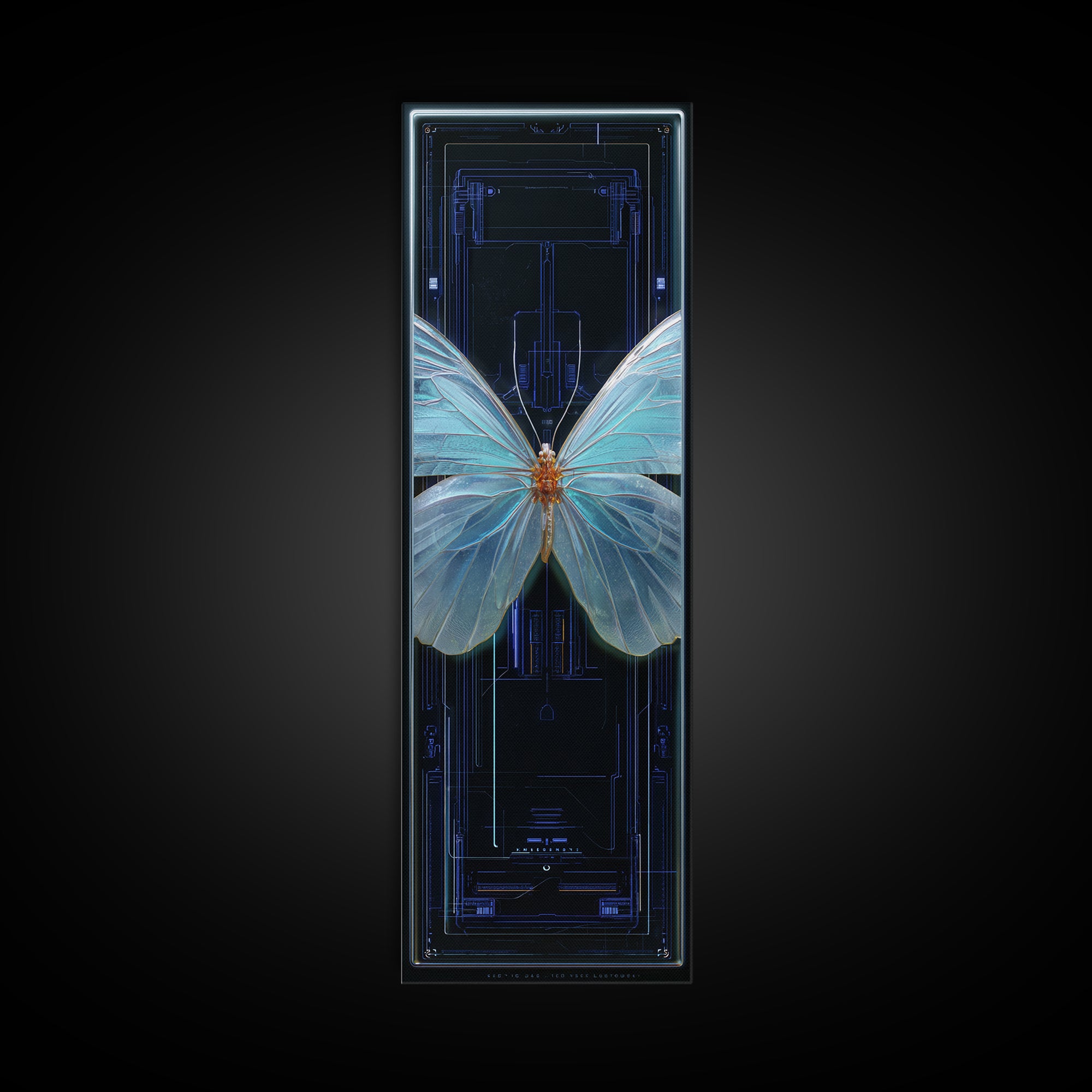 Holographic Butterfly over Black Metal Surface Canvas Print, Cyberpunk Art, Gothic Decor, Living Room Decor, Oil Painting, Neon, CYB-1x3-7