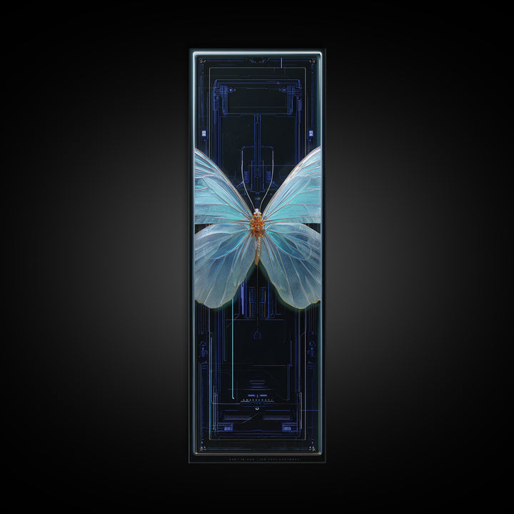 Holographic Butterfly over Black Metal Surface Canvas Print, Cyberpunk Art, Gothic Decor, Living Room Decor, Oil Painting, Neon, CYB-1x3-7