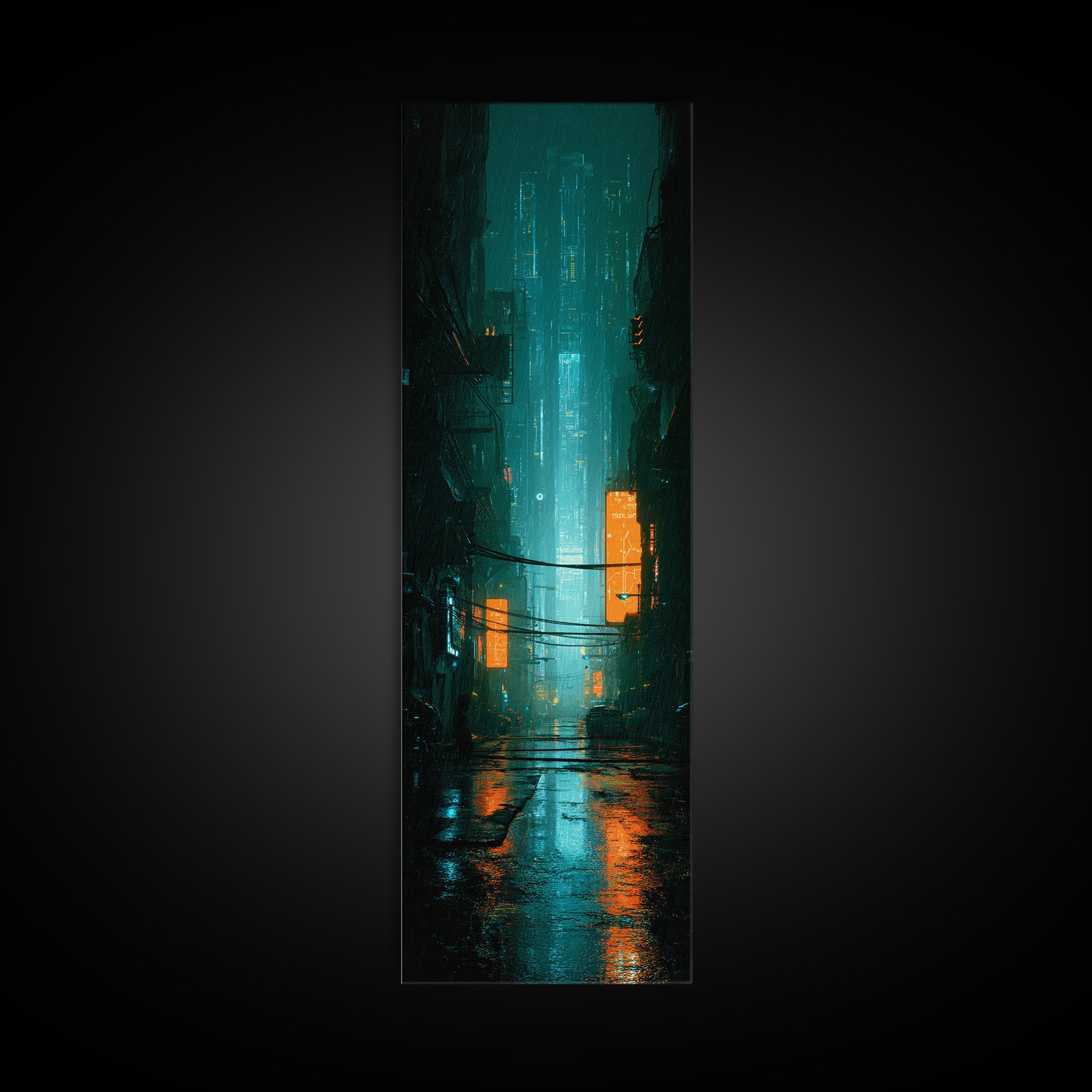 Retro Arcade Dystopia Framed Canvas Print, Cyberpunk Art, Modern Decor, Living Room Decor, Fine Art, Neon, Poster, Wall Decor, CYB-1x3-70