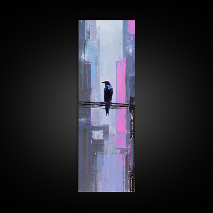 Cybernetic Raven Perched on a Cable Framed Canvas Print, Cyberpunk Art, Gallery Decor, Living Room Decor, Fine Art, Neon, CYB-1x3-71