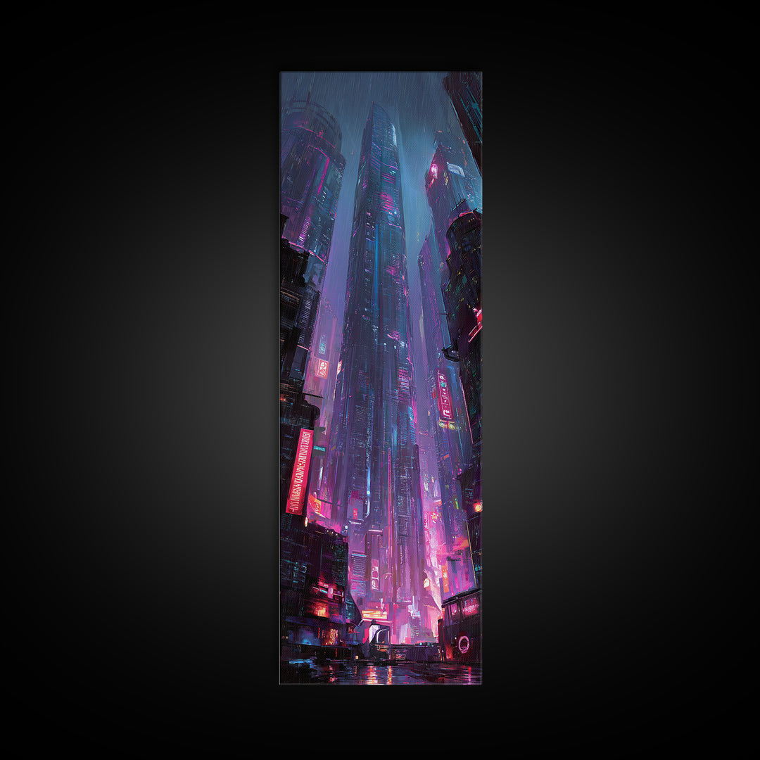 Neon Dragon Wrapped Around Skyscraper Shapes Framed Canvas Print, Cyberpunk Art, Fine Art Print, Living Room Decor, CYB-1x3-74