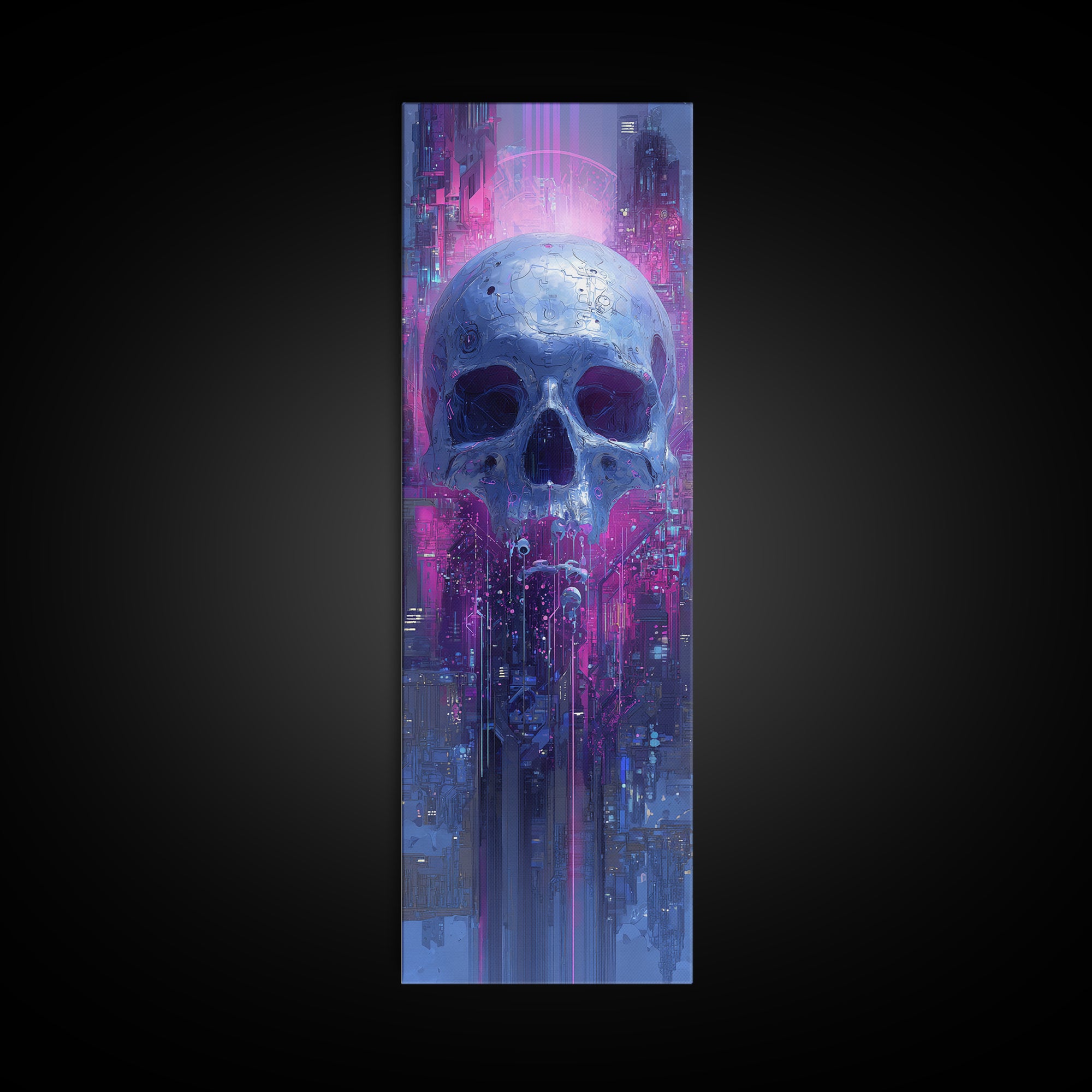 Cyberpunk Skull with Chrome and Violet Light Framed Canvas Print, Cyberpunk Art, Contemporary Art, Living Room Decor, Neon, CYB-1x3-8