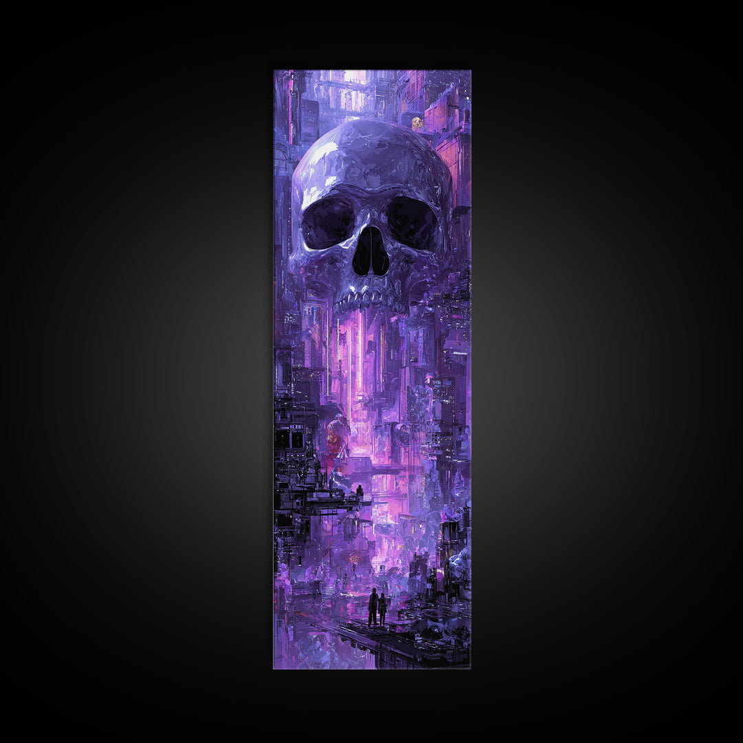 Cyberpunk Skull with Chrome and Violet Light Framed Canvas Print, Cyberpunk Art, Digital Art Print, Living Room Decor, Neon, CYB-1x3-80