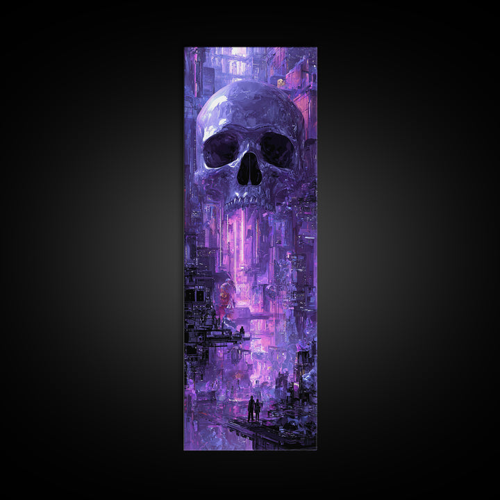 Cyberpunk Skull with Chrome and Violet Light Framed Canvas Print, Cyberpunk Art, Digital Art Print, Living Room Decor, Neon, CYB-1x3-80