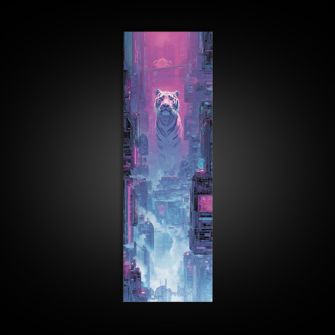 Neon Tiger Emerging from Digital Fog Canvas Print, Cyberpunk Art, Digital Art, Living Room Decor, Fine Art, Neon, Cool Wall Art, CYB-1x3-93