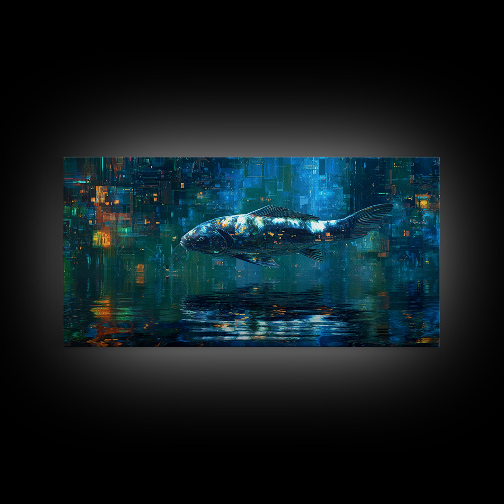 Cyberpunk Koi Swimming Through Electric Blue Water Framed Canvas Print, Cyberpunk Art, Cyberpunk 2077, Living Room Decor, Neon, CYB-2x1-1