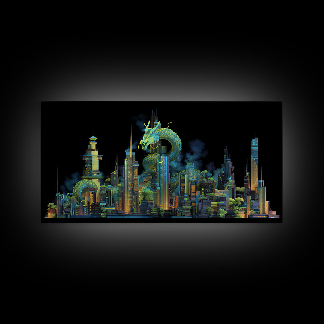 Neon Dragon Wrapped Around Skyscraper Shapes Framed Canvas Print, Cyberpunk Art, Living Room Decor, Abstract Art, Neon, CYB-2x1-10
