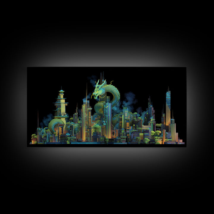 Neon Dragon Wrapped Around Skyscraper Shapes Framed Canvas Print, Cyberpunk Art, Living Room Decor, Abstract Art, Neon, CYB-2x1-10