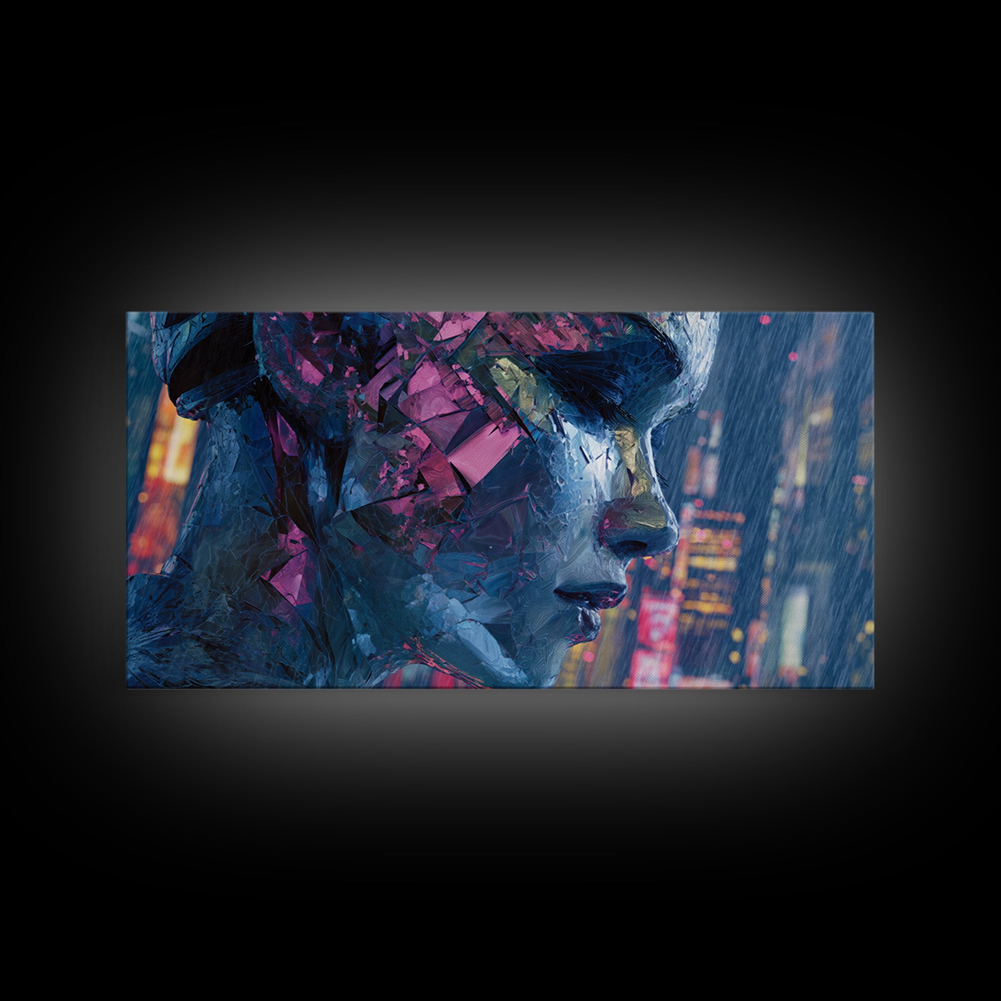 Ai Mask Portrait Framed Canvas Print, Cyberpunk Art, Statement Artwork, Living Room Decor, Fine Art, Neon, Art Print, CYB-2x1-20