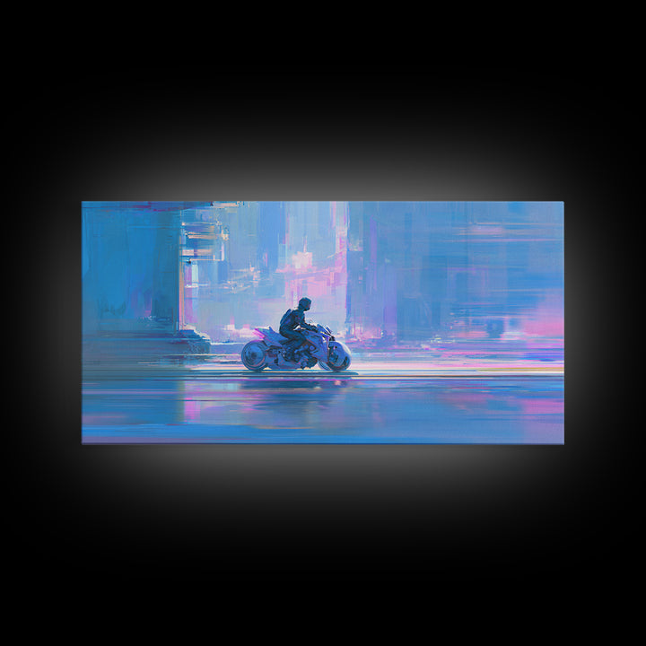Motorcycle Rider under Holographic Signs Framed Canvas Print, Cyberpunk Art, Minimalist Decor, Living Room Decor, Neon, CYB-2x1-24