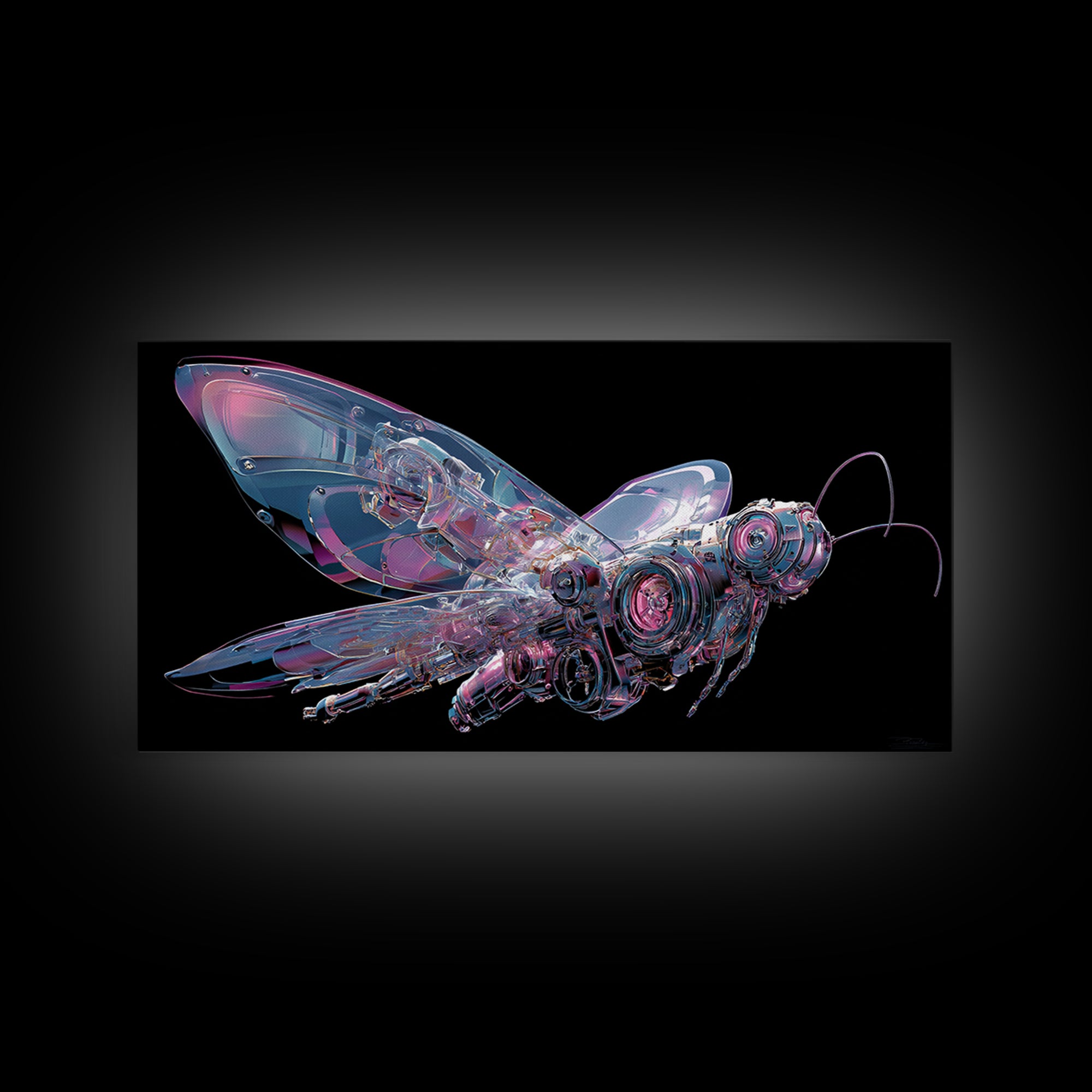 Holographic Butterfly over Black Metal Surface Canvas Print, Cyberpunk Art, Printable Wall Art, Living Room Decor, Neon, CYB-2x1-39